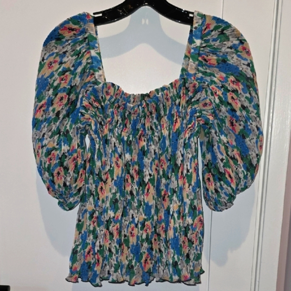 Ganni Multicolor Floral Blouse with Puff Sleeves